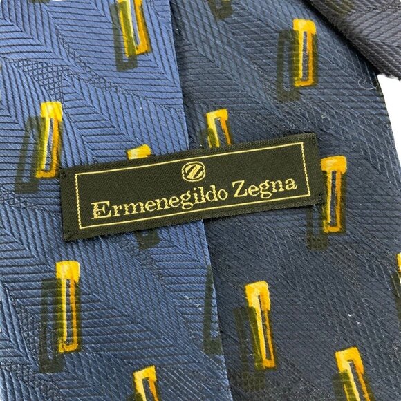 Ermenegildo Zegna Mens Navy and Gold Geometric Silk Designer Necktie Italy - Picture 3 of 6
